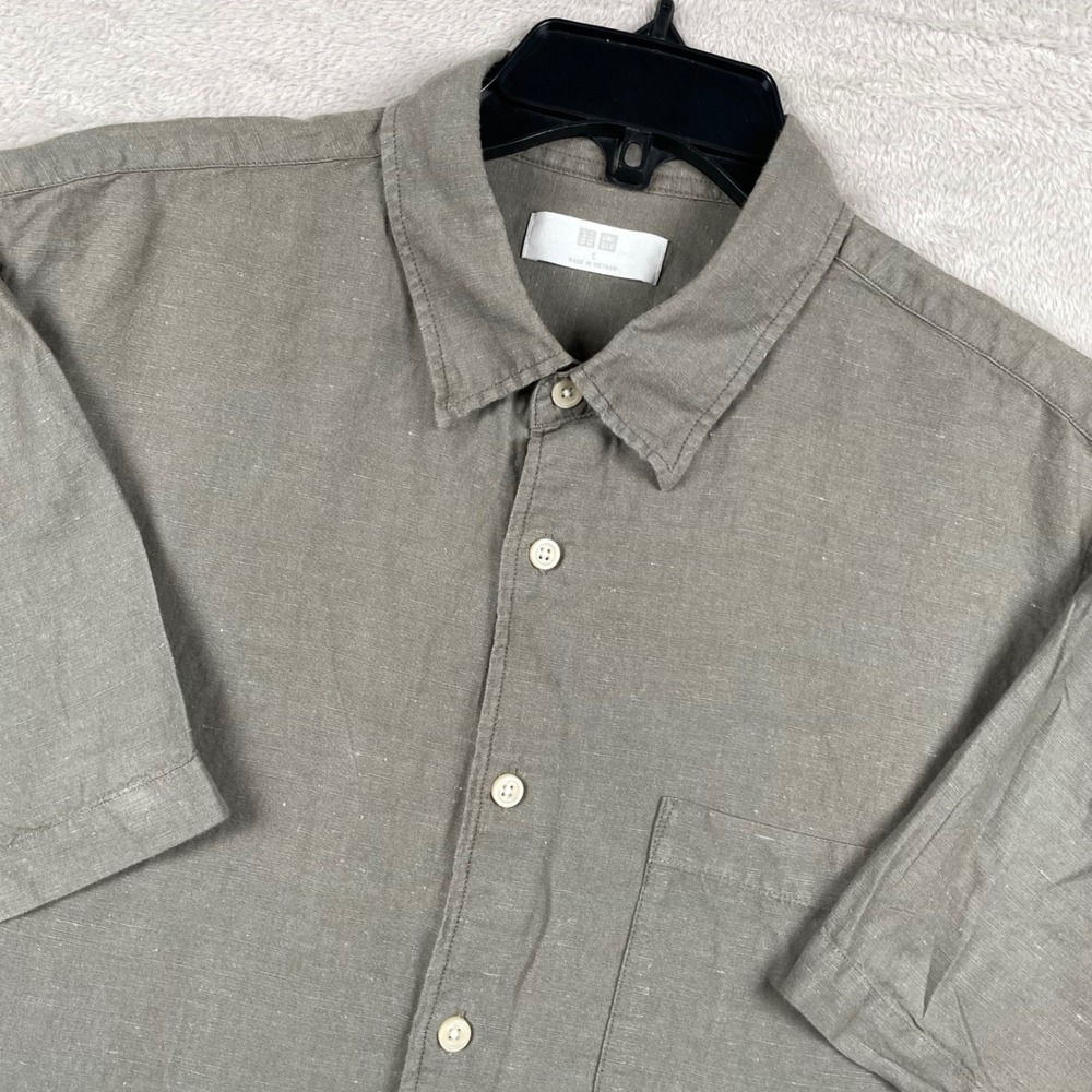 Uniqlo Button Shirt Mens Large Gray Linen Blend Pocket Preppy Formal